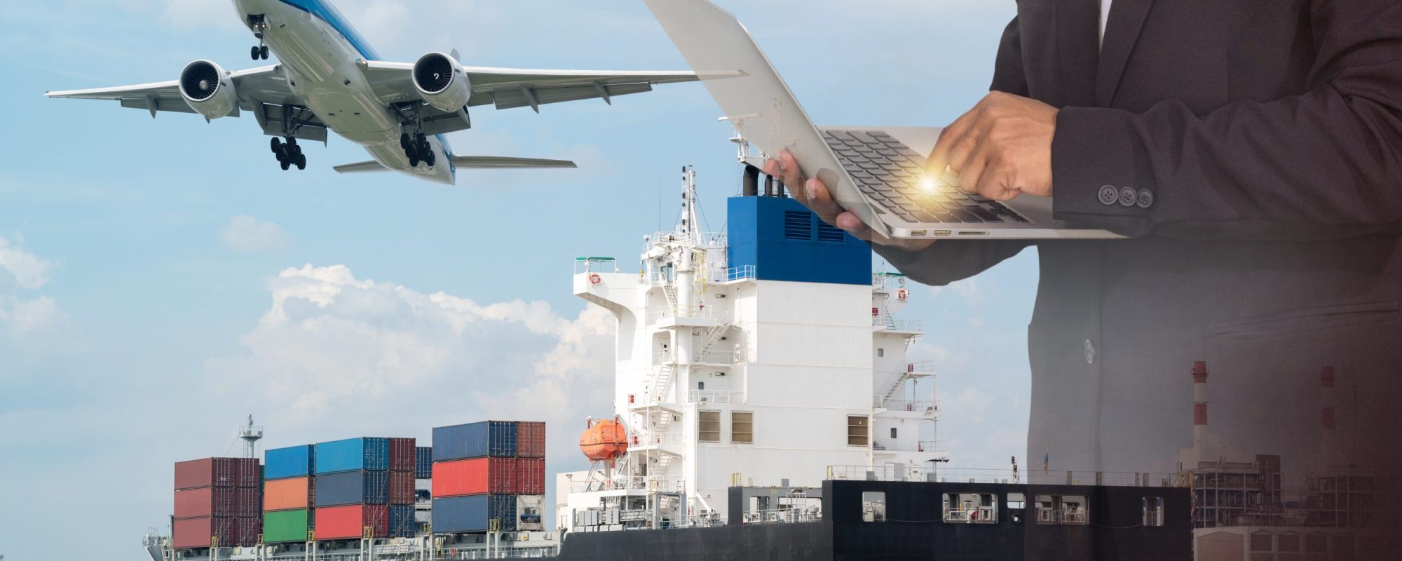 business-people-hold-mobile-phones-city-life-with-planes-flying-container-ships-grea